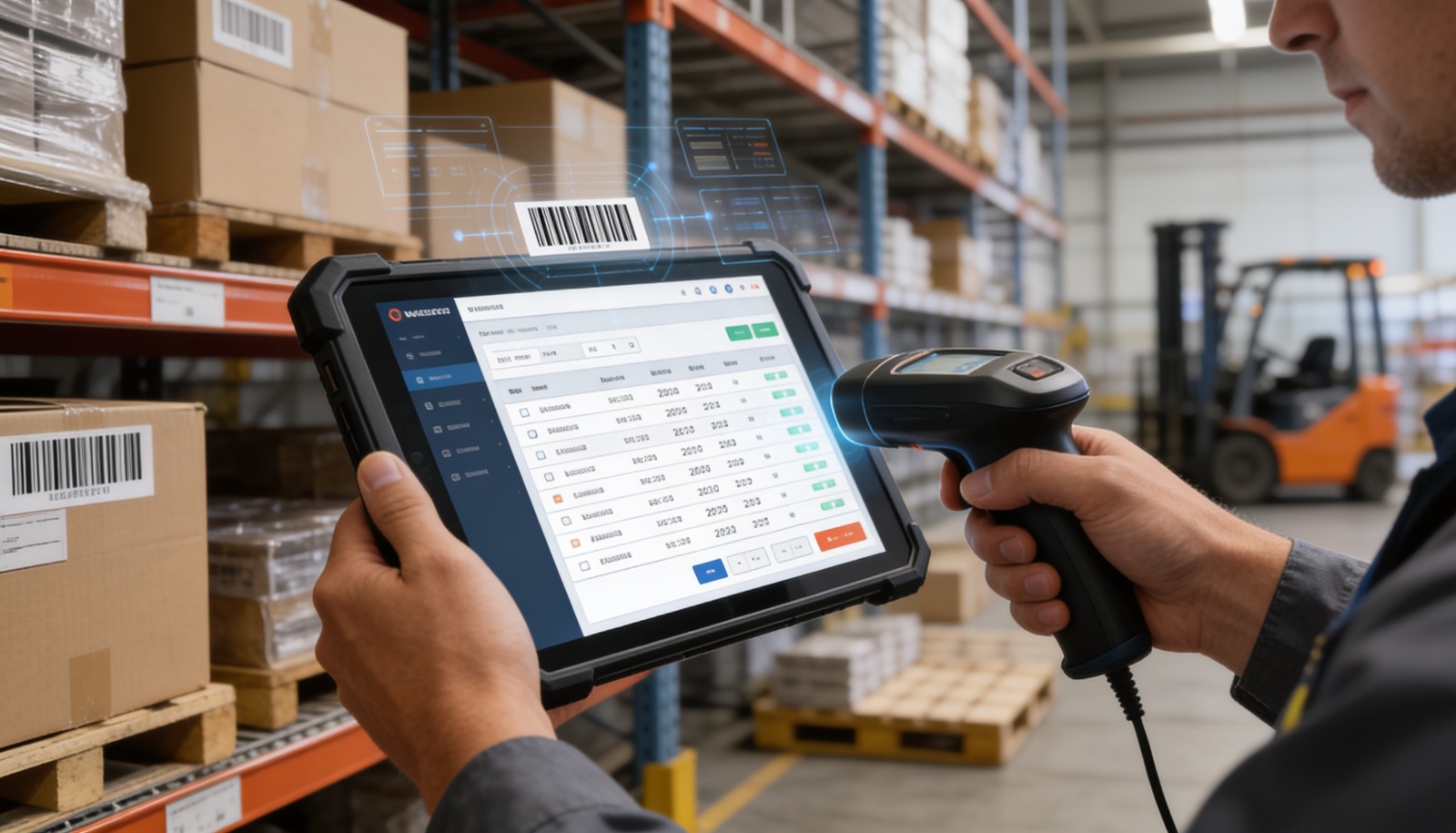 Warehouse Staff Using Mobile Tablets for WMS Tasks
